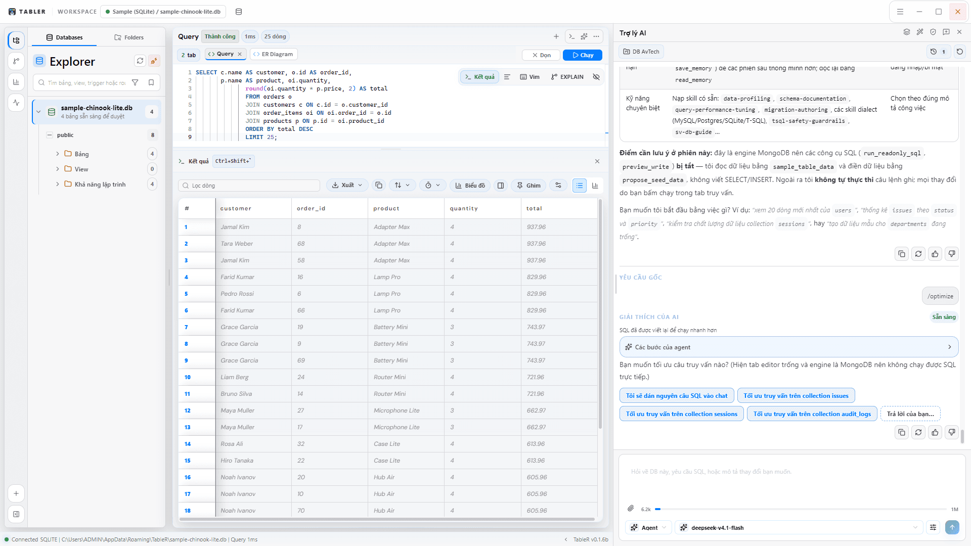 TableR AI workspace beside the SQL editor